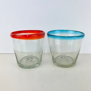 Hand Blown Mexican Bubble Rocks Glass with Colored Rims Set of 2